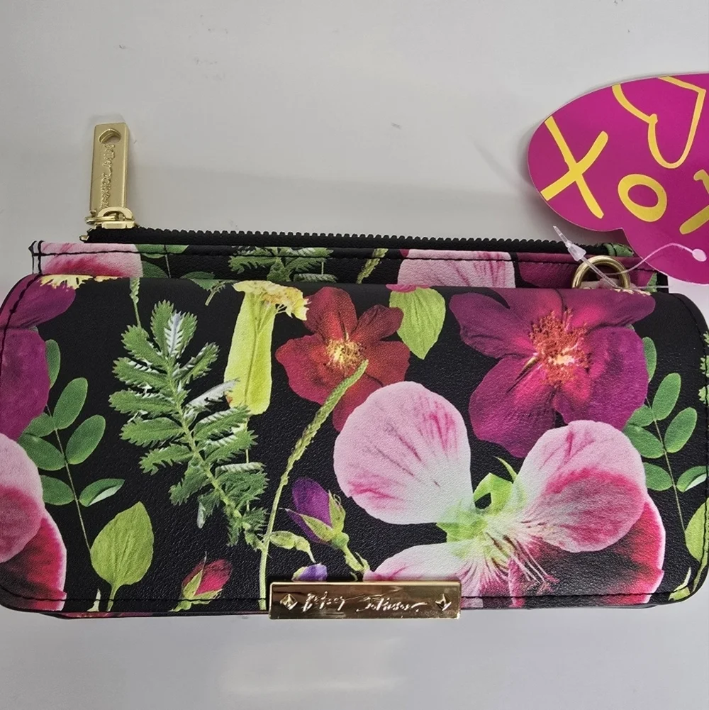 NWT Betsey Johnson Black Floral Faux Leather Bifold Wallet